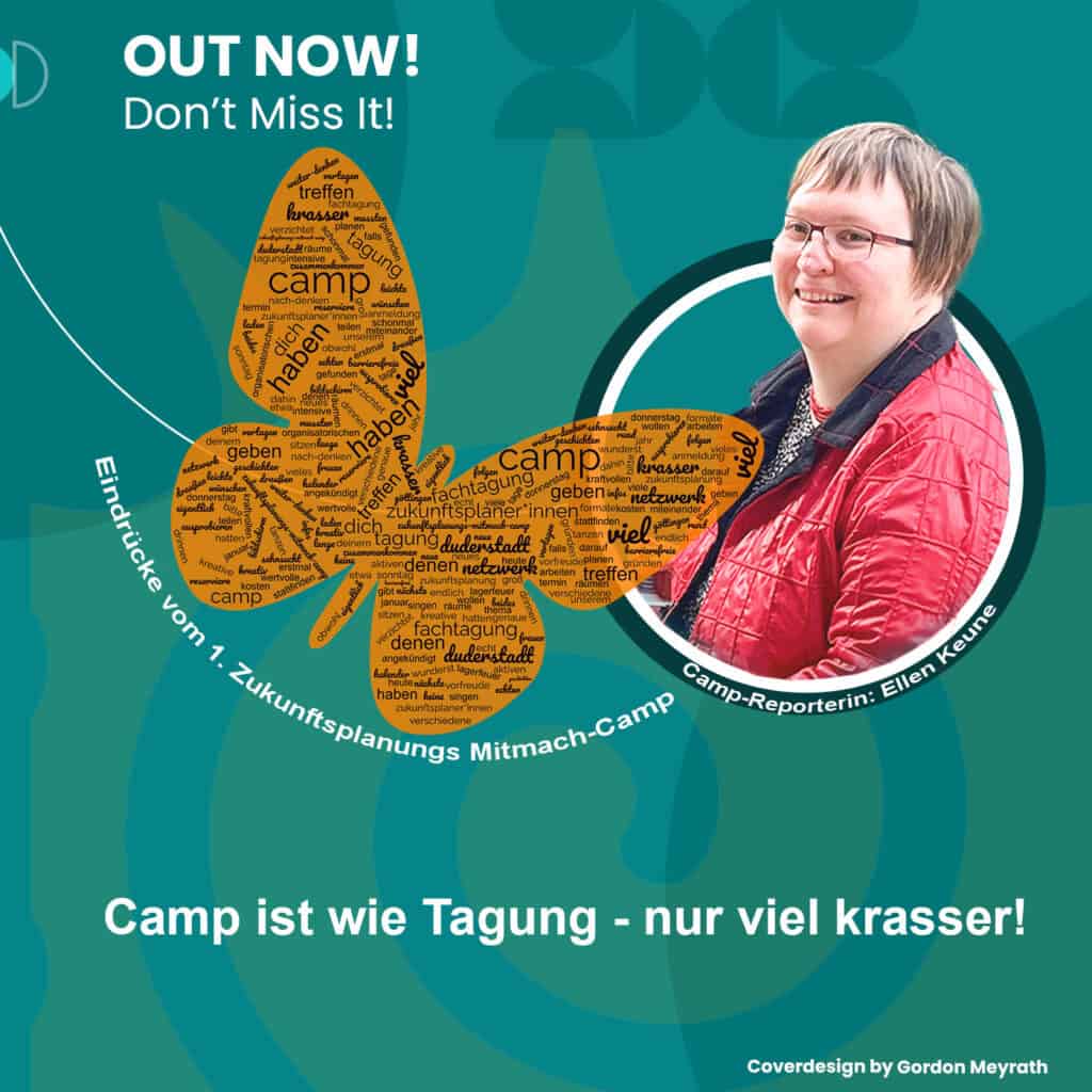 Cover der IGEL-Podcast-Folge. Ein Porträt der Gastgeberin Ellen Keune und einem Schmetterling ist zu sehen. Thema: Camp ist wie Tagung - nur viel krasser!