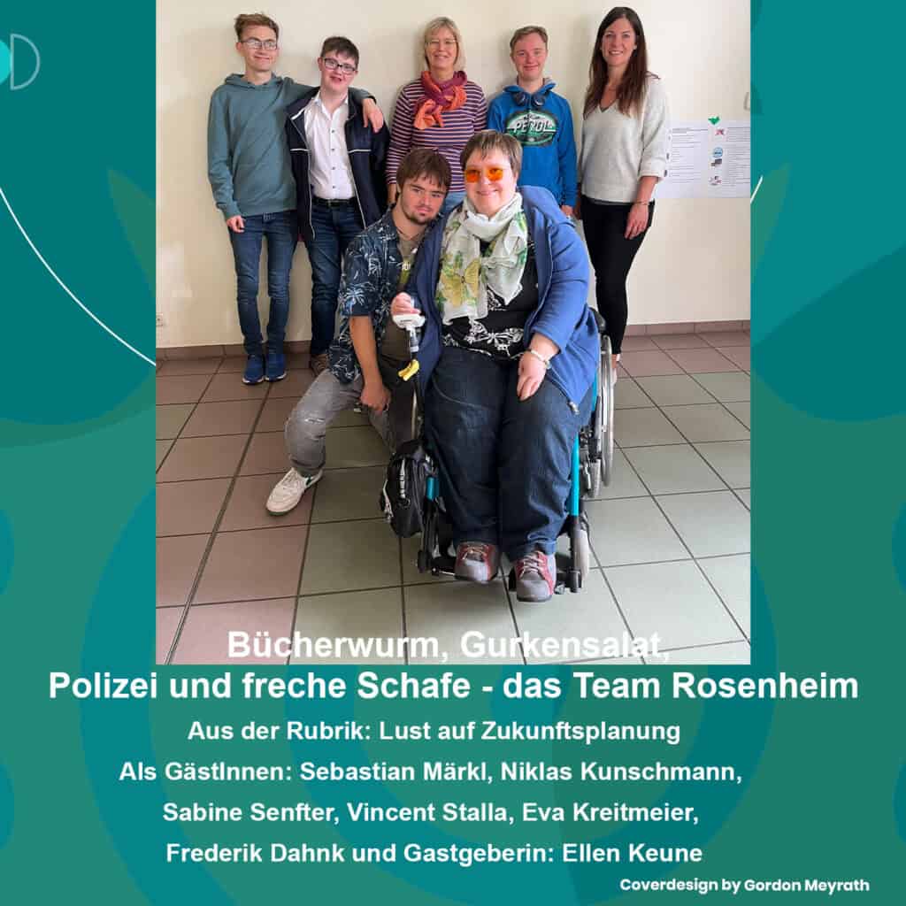 Cover der IGEL-Podcast-Folge. Ein Guppenfoto der Gastgeberin Ellen Keune mit Sebastian Märkl, Niklas Kunschmann, Sabine Senfter, Vincent Stalla, Eva Kreitmeier, Frederik Dahnk. Thema: Bücherwurm, Gurkensalat, Polizei und freche Schafe - das Team Rosenheim